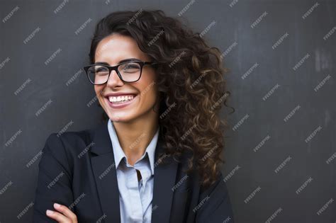 Premium Ai Image Happy Businesswoman Wearing Eyeglasses Against Wall