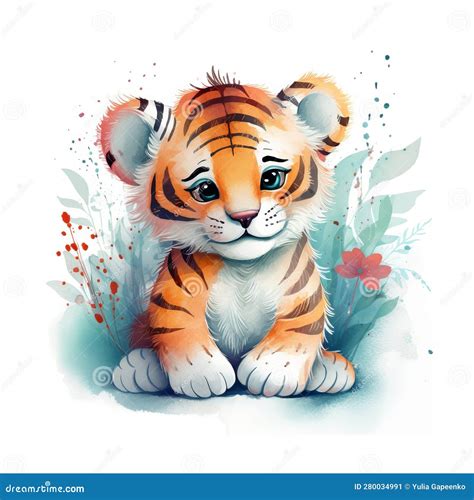 Cute Watercolor Baby Tiger Illustration Ai Generative Stock