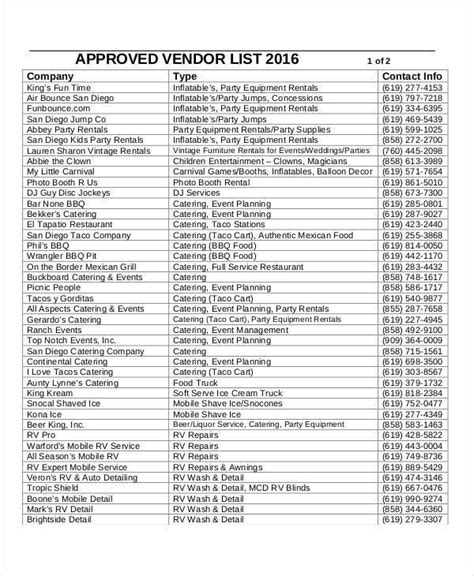 Vendor List Templates In Ms Word Pdf