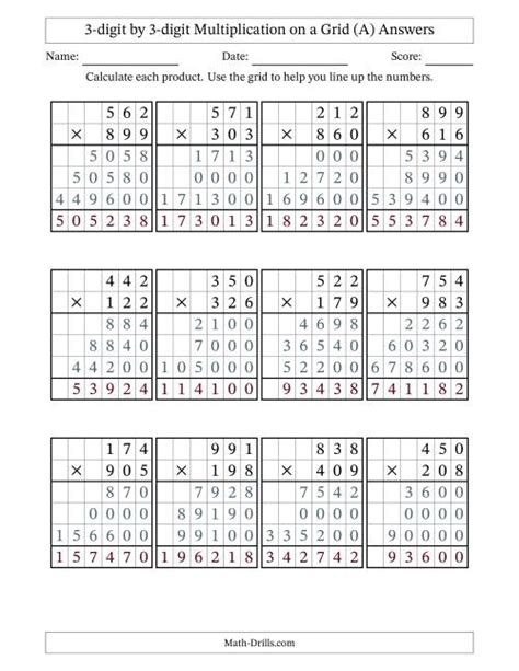 3 Digit By 3 Digit Multiplication With Grid Support A