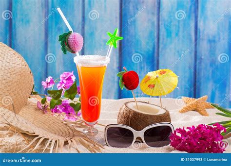 Tropical Cocktails On Blue Wood And Sand Sex On The Beach Stock Image Image Of Beverage