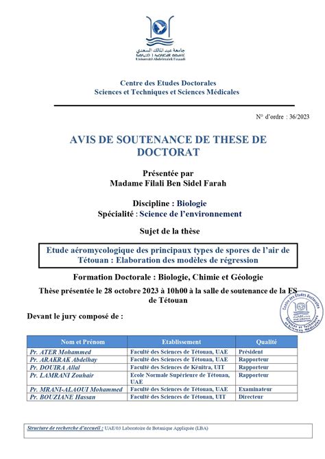 Soutenance De Doctorat En Sciences Mme Filali Ben Sidel Farah Fs T Touan