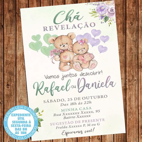 Convite Cha Revelacao Ursinhos Urso Verde E Lilas Digital Elo7