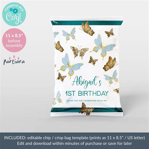 Editable Butterfly Chip Bag Label Wrap Template Blue And Gold Etsy