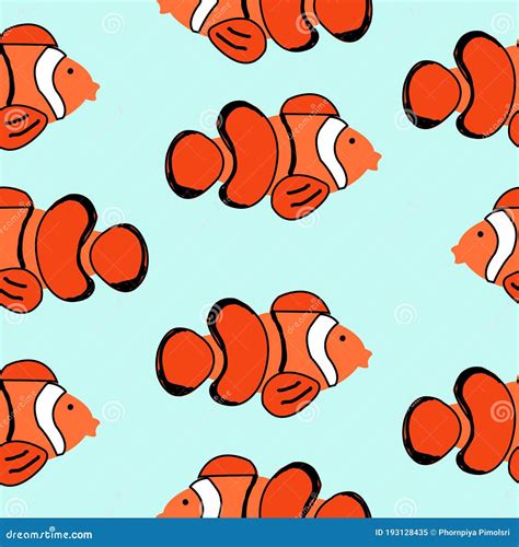 Clownfish Hand Drawn Seamless Pattern On Light Blue Background Stock