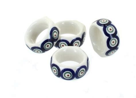 Blue Rose Polish Pottery Peacock Napkin Ring Set Fred Meyer