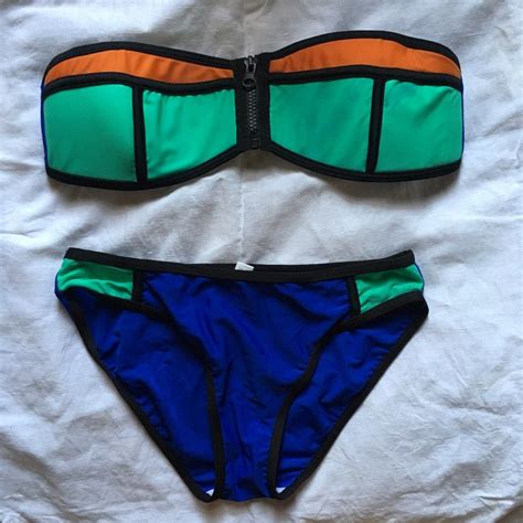 Bandeau Tube Swimsuit Bikini Two Piece Zipper Royal Blue Green Orange Neoprene On Carousell