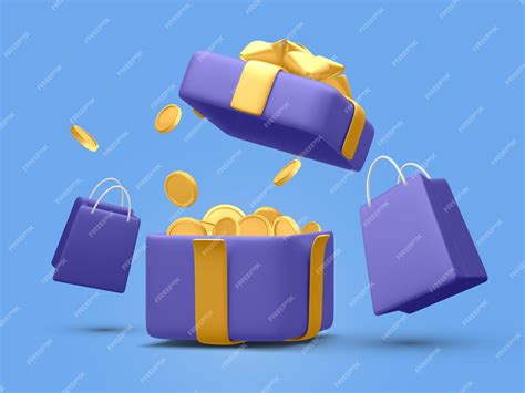3d open gift box surprise with flying coins and shopping bag loyalty
