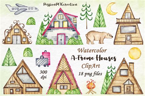 Watercolor Wooden Houses Clipart A Frame House Clip Art Etsy