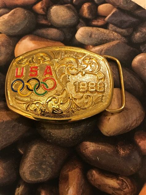 1988 Usa Seoul Korea Olympics Gold Tone Belt Buckle Gem