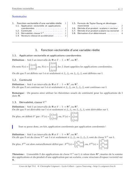 Sommaire 1 Fonction Vectorielle D`une Variable Réelle