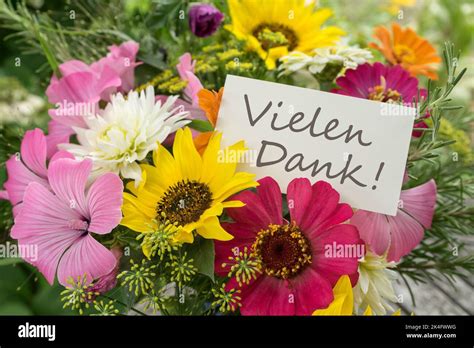 Bouquet coloré de fleurs d été avec carte et texte allemand Merci