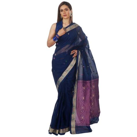 Navy Blue Colour Tangail Cotton Shari Banglakutir