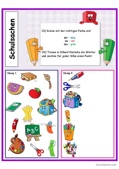 Schulsachen Ubungen Deutsch DAF Arbeitsblätter pdf doc