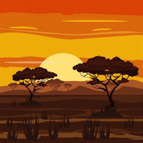 Premium Vector African Landscape Sunset Savannah Nature Trees