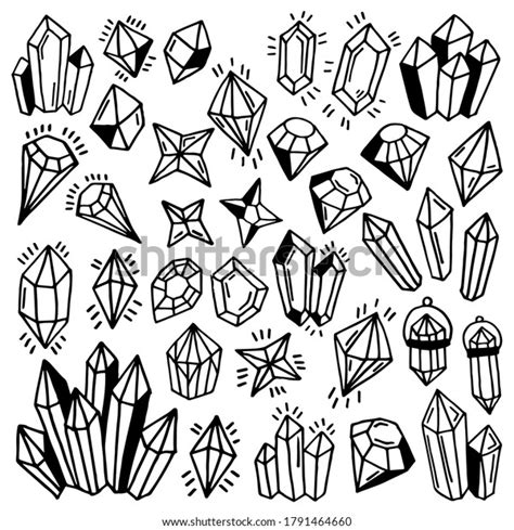 Set Of Hand Drawn Doodle Crystals Isolated On White Stones Diamonds