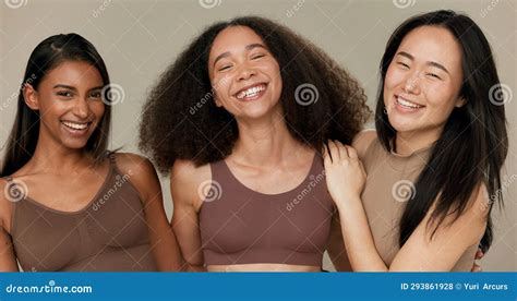 Diversity Underwear And Portrait Of Women Friends In Studio For Beauty