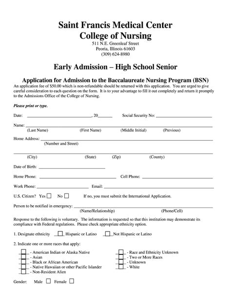 Fillable Online Sfmccon High School Early Admission Application Saint