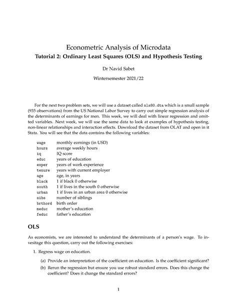 Tutorial 2 OLS Übung aus dem Wintersemester 21 22 Econometric