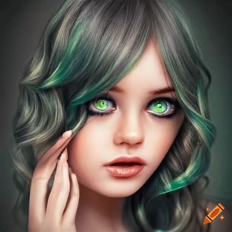 Portrait Of A Beautiful Girl With Long Wavy Black Hair And Green Eyes