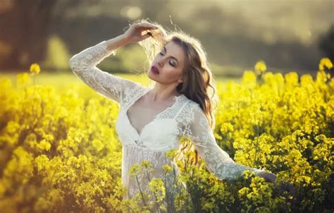 Download Wallpaper Field Girl Flowers Pose Figure Beautiful Paul