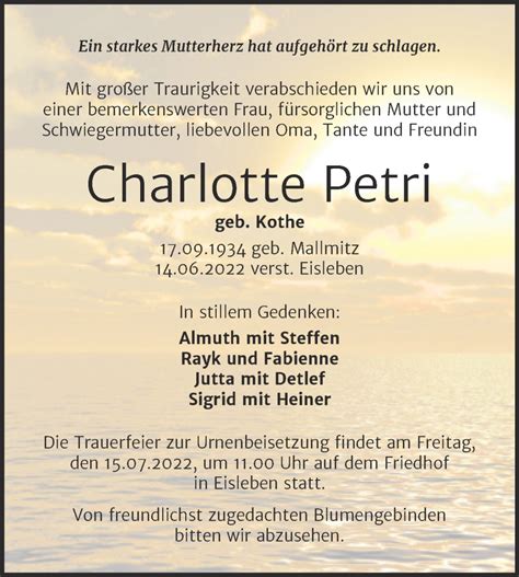 Traueranzeigen Von Charlotte Petri Abschied Nehmen De