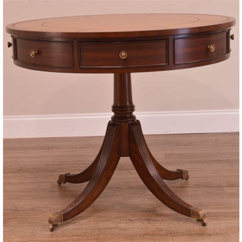 Ethan Allen Mahogany Leather Top Round Bradford Rent Drum Table Chairish