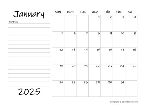 2025 Blank Calendar Template With Notes Free Printable Templates