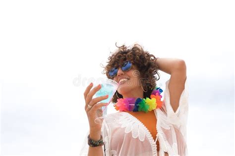 Portrait Of Mature Attractive Woman Curly Hair With Sunglasses