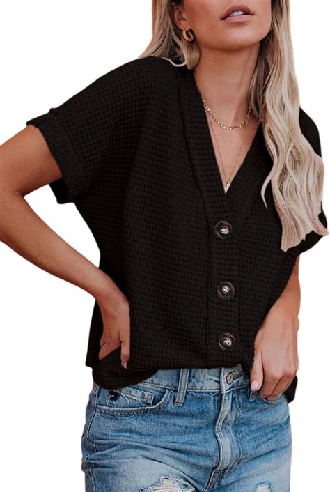 Dokotoo Womens Summer Tops 2024 Waffle Knit Button Down Shirts Casual V