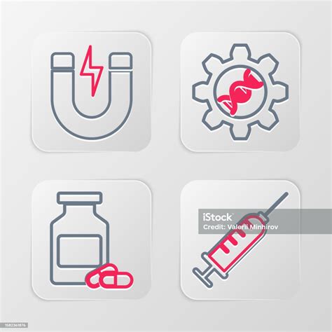 세트 라인 주사기 약병 및 알약 유전 공학 및 번개 아이콘이 있는 자석 벡터 0명에 대한 스톡 벡터 아트 및 기타 이미지 0