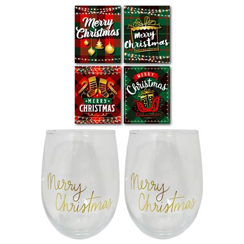 Christmas Wine Glasses With Holiday Wine Labels Set Of 2 17oz Stemless Xmas Wine Glasses