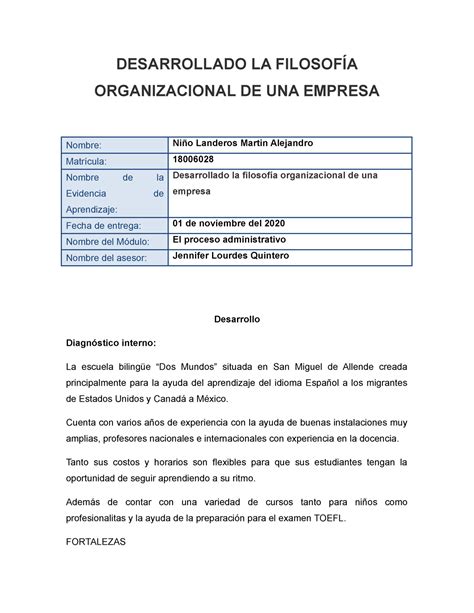 Desarrollado La Filosof A Organizacional De Una Empresa Desarrollado