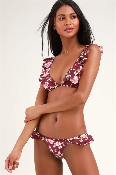 Minkpink Rhapsody Cheeky Frill Burgundy Floral Bikini Bottom Lulus