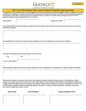 Fillable Online Gustavus FA Application Gustavus Adolphus College Fax