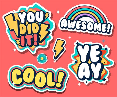 word sticker pack, cute colorful, fun cartoon icon design vector in ...