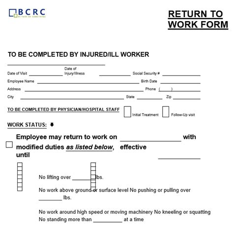 Printable Fillable Return To Work Form