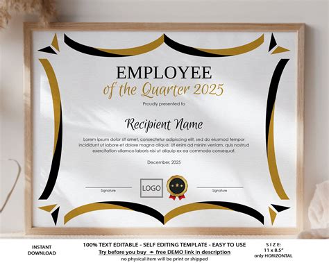 Editable Employee of the Quarter, Printable Employee Awards, Gift ...