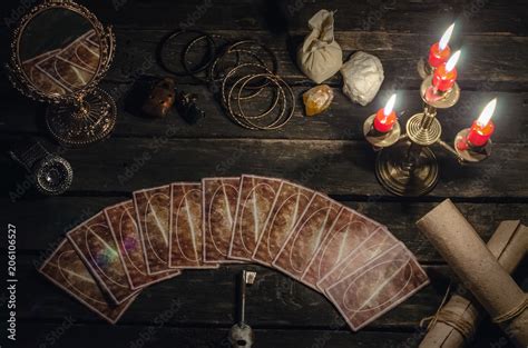 Tarot cards on fortune teller desk table background. Futune reading ...