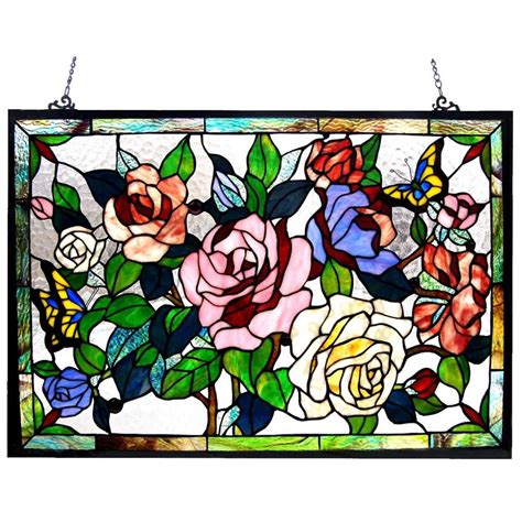 Tiffany Glass Featuring Roses Butterflies Window Panel X