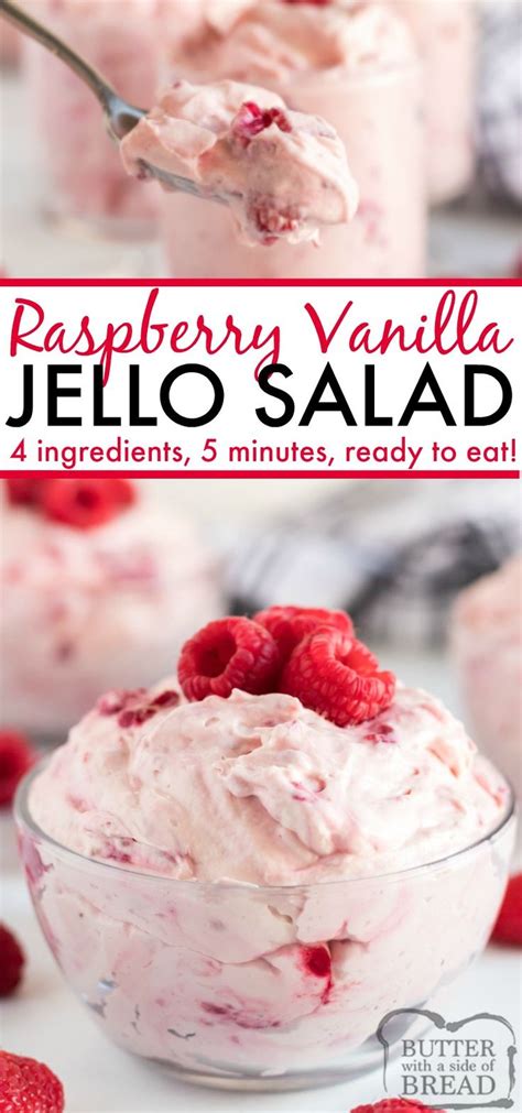 Raspberry Vanilla Jello Salad In A Glass Bowl With The Title Text Overlay