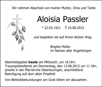 Traueranzeigen Von Aloisia Passler Schwaebische De Trauerportal