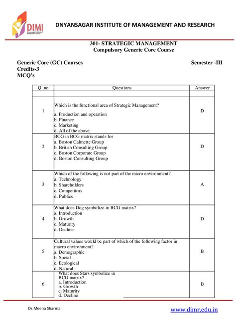 Strategic Management Important Mcqs With Answers Masters Of Business