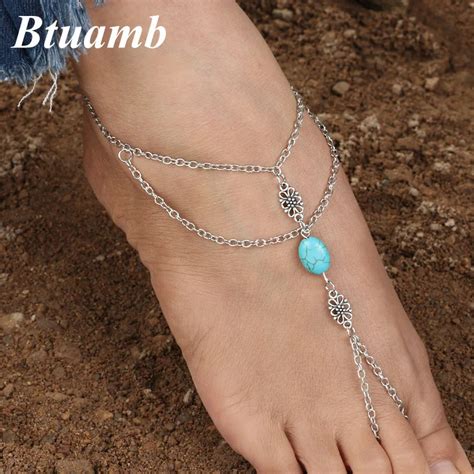 Btuamb Boho Natural Stone Beads Anklets Vintage Ethnic Flower Toe Link