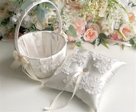 Flower Girl Basket And Ring Bearer Pillow Set Lace Ring Pillow Basket