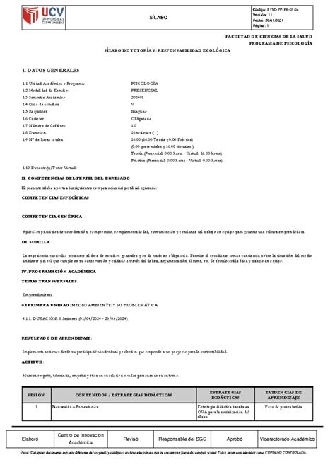 Silabo Tutor A V Responsabilidad Ecol Gica S Labo Versi N Fecha