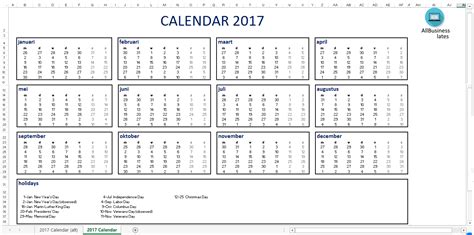 2017 Calendar Excel A4 Size Templates At