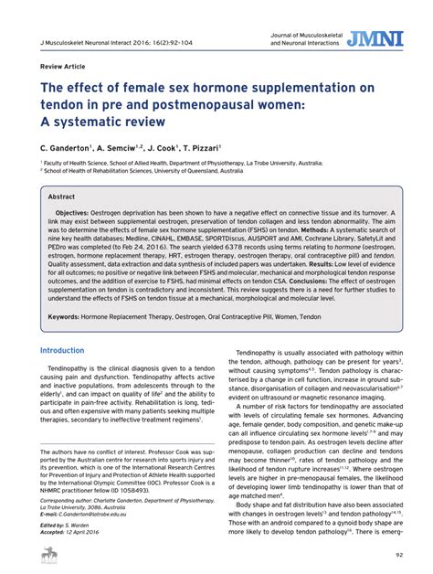 PDF The Effect Of Female Sex Hormone Supplementation On Tendon In Pre And Postmenopausal Women
