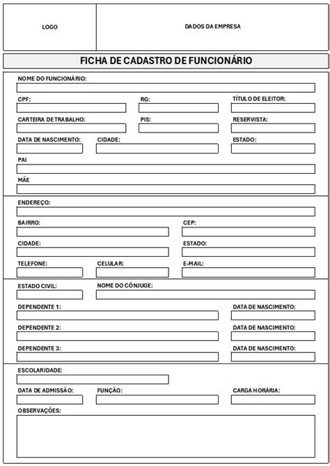 Ficha de Cadastro de Funcionário Excel Easy