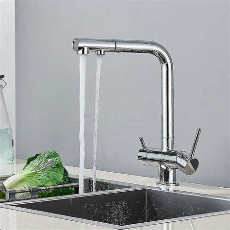 Chrome Brass Pull Out Filtered Kitchen Faucet Dual Handle Hot Cold Drinking Water Way Filter